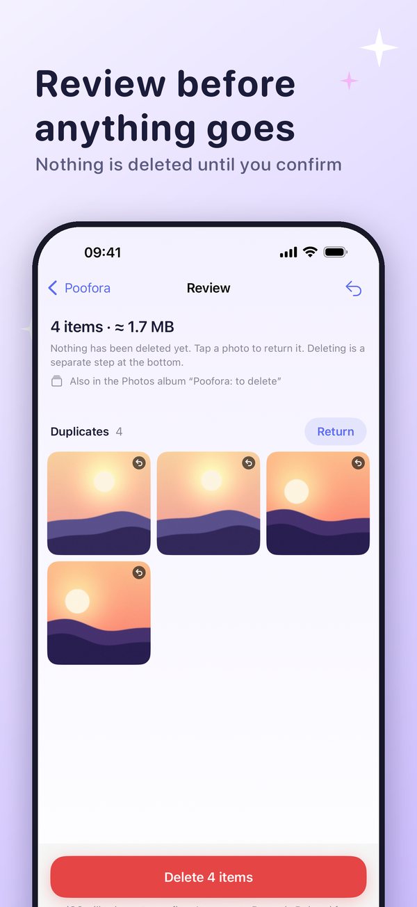 Review screen: nothing has been deleted yet